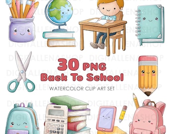 Kawaii School Supplies Clipart, Back To School PNG Set (Digital Download)