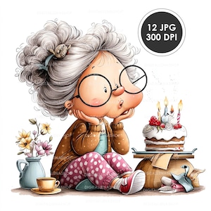 Può includere: Un'illustrazione stravagante di una persona anziana con gli occhiali, seduta e che guarda una torta di compleanno con candele accese. La persona indossa una giacca marrone, pantaloni a pois e scarpe da ginnastica rosse. Sono presenti anche un vaso di fiori e una tazza di caffè.