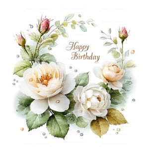Peut inclure: Illustration &agrave; l'aquarelle d'une couronne florale avec des roses blanches et p&ecirc;che, des feuilles vertes et des boutons de roses roses. Les mots "Happy Birthday" sont &eacute;crits en script marron. Des gemmes scintillantes sont incluses.