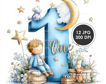 Boy’s First Birthday Watercolor Clipart Set, Blue Pastel (Digital Download)