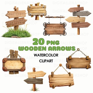 May include: A collection of watercolor clipart featuring various wooden signs and arrows. The signs are in different shapes and sizes, with some hanging by chains or ropes. The text "20 PNG WOODEN ARROWS WATERCOLOR CLIPART" is displayed in green.