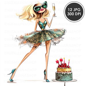 ClipArt de cumpleaños de chica peculiar (12 archivos JPG), cumpleaños de mujer peculiar, chica de moda, diario basura, scrapbooking, creación de tarjetas, descarga digital