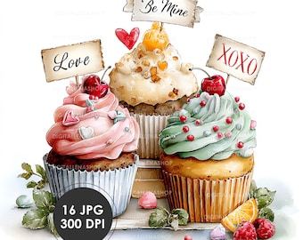 Valentine’s Day Cupcakes Watercolor Clipart | Cards, Stickers, Party Decor | 16 JPG Files