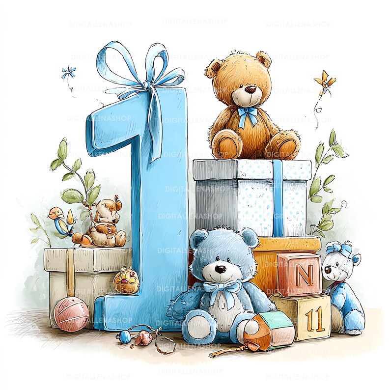 May include: A watercolor illustration featuring a large blue number 1 with a bow, surrounded by teddy bears, gift boxes, and toy blocks. The color palette includes shades of blue, brown, and beige, creating a whimsical birthday theme.