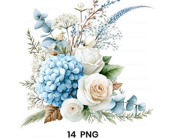 Imágenes prediseñadas de esquina floral de hortensias azul empolvado, flores de boda en acuarela PNG, marco floral azul elegante, esquina botánica, 14 archivos PNG