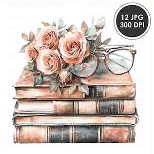 Vintage Flower Books Clipart JPG, Watercolor Illustrations of a Stack of Books, Junk Journaling, Scrapbooking, Digital Download, Bookmarks