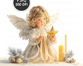 Christmas Angel Watercolor Clipart: Holiday Illustration (JPG Digital Download)