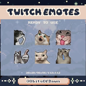 Könnte beinhalten: Ein Set aus sechs Pixel-Art-Katzen-Emotes mit verschiedenen Ausdrücken, darunter eine nachdenkliche Katze, eine Katze mit offenem Mund, eine Katze mit herausgestreckter Zunge, eine Katze mit Daumen hoch, eine neutrale Katze und eine sabbernde Katze. Text: TWITCH EMOTES, READY TO USE, 28x28/56x56/112x112, @8bitsOfDawn.