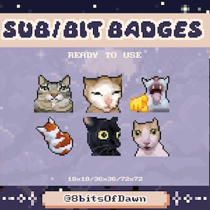 Puede incluir: Conjunto de insignias de gato pixeladas para suscriptores/bits, listas para usar. La imagen incluye el texto "SUB/BIT BADGES" y "READY TO USE". Las insignias están disponibles en tamaños de 18x18, 36x36 y 72x72. El nombre de usuario del creador es @8bitsOfDawn.
