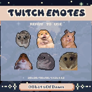Könnte beinhalten: Pixelige Twitch-Emotes mit sechs verschiedenen Hamster-Designs. Der Text "TWITCH EMOTES" wird oben angezeigt, darunter "READY TO USE". Der untere Teil des Bildes zeigt den Text "@8bitsOfDawn" und die Größen der Emotes.