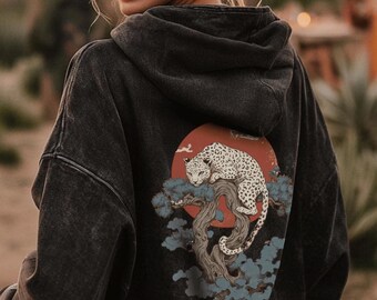 Vintage Boho Japanese Leopard Hoodie Oversized Red Moon Shirt Animal Oriental Sweatshirt Acid Wash Streetwear Retro Aesthetic Hoody