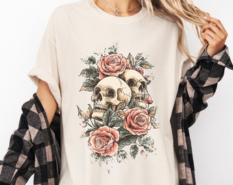 Camiseta vintage de caveiras, rosas, grunge, retrô, tatuagem, suéter escolar antigo, academia escura, manga curta, estilo rocker, roupa de motociclista