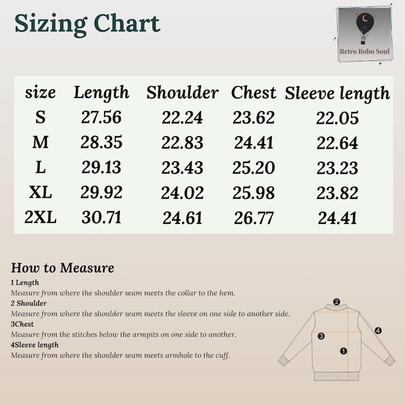 May include: Sizing chart for a garment with measurements in inches for length, shoulder, chest, and sleeve length. Sizes include S, M, L, XL, and 2XL.  A diagram shows how to measure each part of the garment.