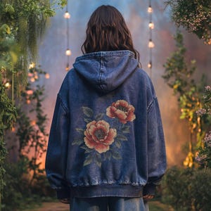 May include: A blue denim hoodie with a floral design on the back. The flowers are red, orange, and yellow.