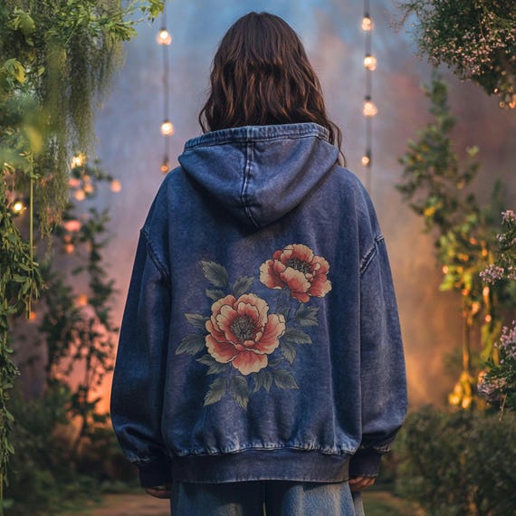 Sudadera Oversize Flores Rojas Cottagecore Boho Casual Flores Vintage Amapolas Rosas Tela Lavado Ácido Camisa Para Amantes de la Naturaleza