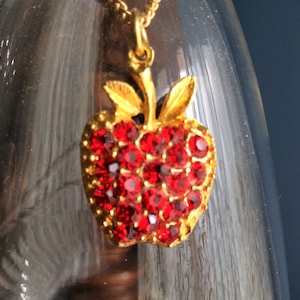 Vintage Red Rhinestone Apple Necklace, NOS Gold Tone Apple Necklace with Red Rhinestones, Teacher Appreciation Jewelry, Teacher Jewelry