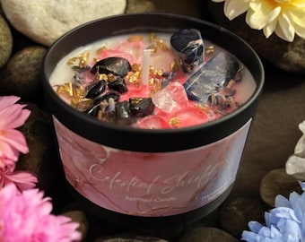 Celestial Energy Candle, Black Obsidian, Amethyst, Clear Quartz, Crystal Healing Candle. Protection and Manifestation, Handmade
