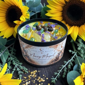 MONEY MAGNET -  Candle for Abundance, Wealth Manifestation, and Prosperity – Citrine, Green Aventurine & Tiger’s Eye Crystals