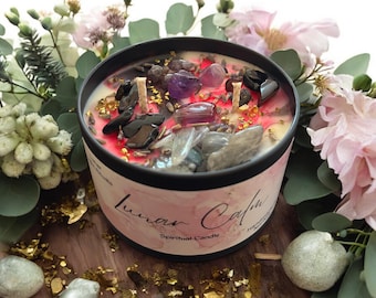Lunar Calm Candle – Moonstone, Amethyst & Black Obsidian | Stress Relief, Anxiety Support | Crystal Charged Candle with Lavender