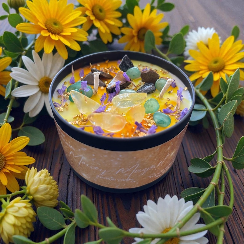 MONEY MAGNET - Candle for Abundance, Wealth Manifestation, and Prosperity – Citrine, Green Aventurine & Tiger’s Eye Crystals image 2
