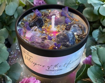 WHISPERS of THE UNIVERSE Candle, Amethyst, Sodalite, Clear Quartz – Moon Charged Crystal Candle – Dried Lavender & Forget-Me-Nots. Intention