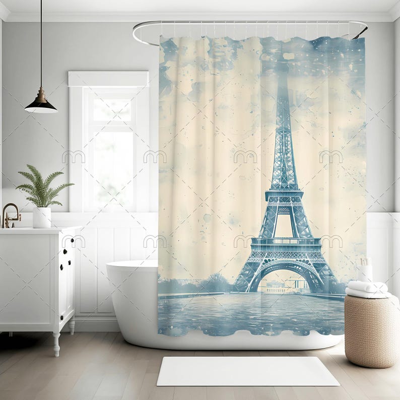 Parisian Shabby Chic Shower Curtain Eiffel Tower Bathroom Decor, French
