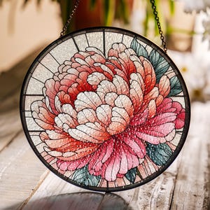 Peony Stained Glass Suncatcher for Window Hanging, Floral Window Decor, Personalized Glass Art, Elegant Window Hanging, Mother&#39;s Day Gift