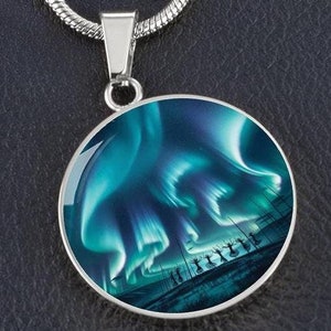Aurora Borealis Round Necklace, Engraved Alaska Northern Lights Jewelry, Gift for Her, Engraved Pendant Gift, Gifts for Wife