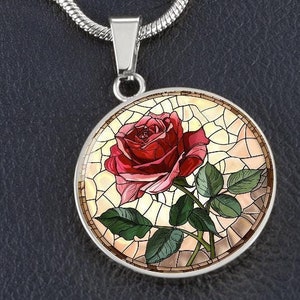 Rose Flower Necklace, Christmas Gift, Valentines Gift for Wife, Gift for Girlfriend, Faux Stained Glass Pendant and Chain,Statement Necklace
