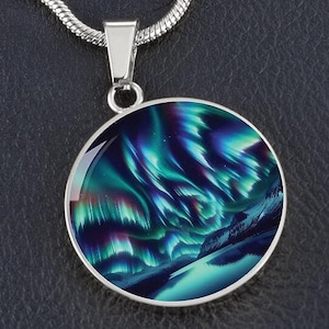 Aurora Borealis Round Necklace, Engraved Alaska Northern Lights Jewelry, Gift for Her, Engraved Pendant Gift, Gifts for Wife