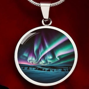 Aurora Borealis Round Necklace, Engraved Alaska Northern Lights Jewelry, Gift for Her, Engraved Pendant Gift, Gifts for Wife, Gift Idea