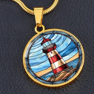 The Light House Stained Glass Effect Necklace,Lighthouse Engraved Necklace, Lighthouse Pendant Necklace, Ocean Lover Gifts