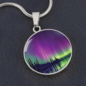 Pink Aurora Borealis Round Necklace, Engraved Alaska Northern Lights Jewelry, Gift for Her, Engraved Pendant Gift, Gifts for Wife, Gift Idea