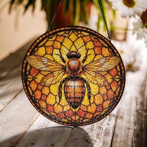 Glasmalerei-Bienen-Sonnenfänger zum Aufhängen am Fenster, Bienenwaben-Fensterkunst, von der Natur inspiriertes Dekor, Garten-Liebhaber-Akzent, Geburtstagsgeschenk für Sie