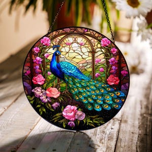 Peacock glas-in-lood suncatcher, handgemaakt vogeldecor, cadeau voor liefhebbers van pauw, decor van gebrandschilderd glas, cadeaus voor moeder, cadeaus voor vrouw, cadeau