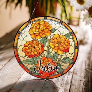 Personalized Marigold Stained Glass Suncatcher: October Birth Flower, Custom Name