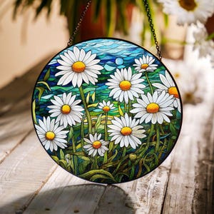 Daisies Stained Glass Effect Suncatcher for Window Hanging, Wild Flower Sun Catcher, Faux Stained Glass Decor, Gift Idea