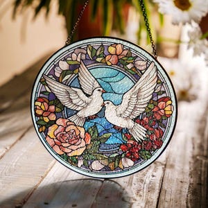 Doves Stained Glass SunCatcher, Dove Window Decor, Dove Bird Light Catcher, Window Hanging Home Peace Doves,Dove of Peace Suncatcher, Gift