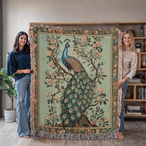 Peacock and Flowers Woven Blanket, 100% Cotton Throw Blanket, Majestic Peacock Woven Blanket, , Spring Throw Blanket, Cotton Woven Blanket