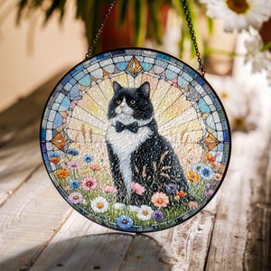 Cat and The Wild Flowers Stained Glass Suncatcher for Window Hanging, Decor For Cat Lovers And Nature Gifts, Garden Cat Decor, Cat Mom Gift