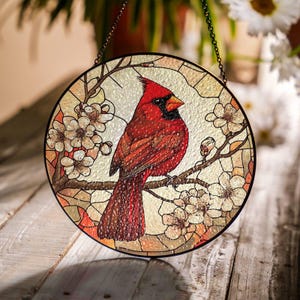 Kardinal Glasmalerei Suncatcher: Roter Vogel Fensterschmuck mit Blüten