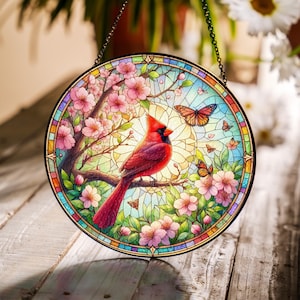 Kardinal Glasmalerei Sonnenfänger: Vogel & Schmetterling Fensterschmuck