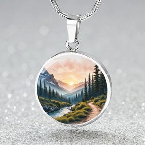 Engraved Mountain Scene Pendant: Personalized Nature Necklace
