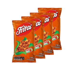 May include: Four orange Fritos Chile & Limon snack bags. Each bag features the Fritos logo in white and red, with a graphic of chips and chili peppers. Each bag contains 95 g of chips.