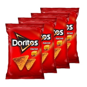 May include: Four red bags of Doritos Nacho tortilla chips. Each bag displays the Doritos logo, a nacho cheese graphic, and the word "Nacho". The chips are triangular and golden brown.