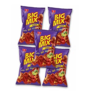 May include: Six bags of Big Mix Fuego tortilla chips. The bags are purple with yellow and red accents. The bags feature a picture of the chips and the text "Big Mix Fuego".