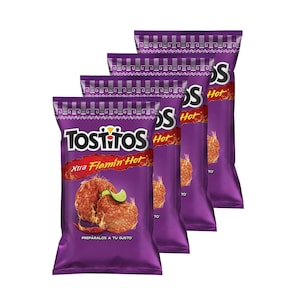 May include: Four bags of Tostitos Xtra Flamin' Hot tortilla chips. The bags are purple with a red and yellow design. The bags feature a picture of a chip with a red and yellow sauce.