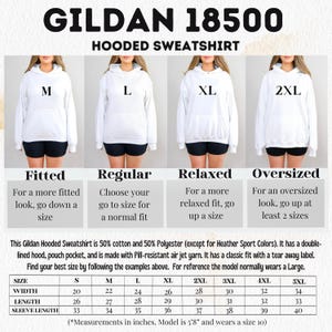 The image is a collage of four images showing different sizes of a GILDA 18500 Hooded Sweatshirt, with each image featuring a woman wearing the size. The images are labeled with the size and the corresponding description for each size.