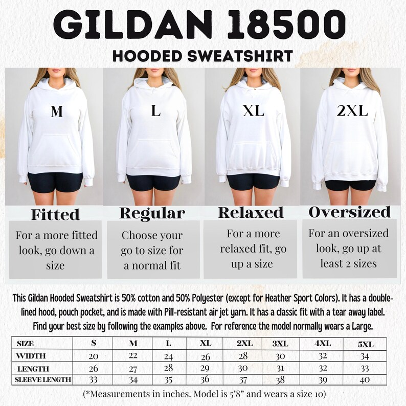 The image is a collage of four images showing different sizes of a GILDA 18500 Hooded Sweatshirt, with each image featuring a woman wearing the size. The images are labeled with the size and the corresponding description for each size.
