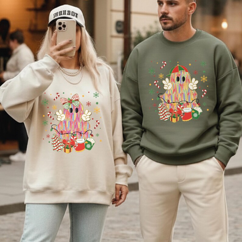 Cute Christmas Ghost Sweatshirt, Halloween Ghost Hoodie, Spooky Christmas Sweater, Funny Xmas Matching Shirt, Christmas Gift image 1
